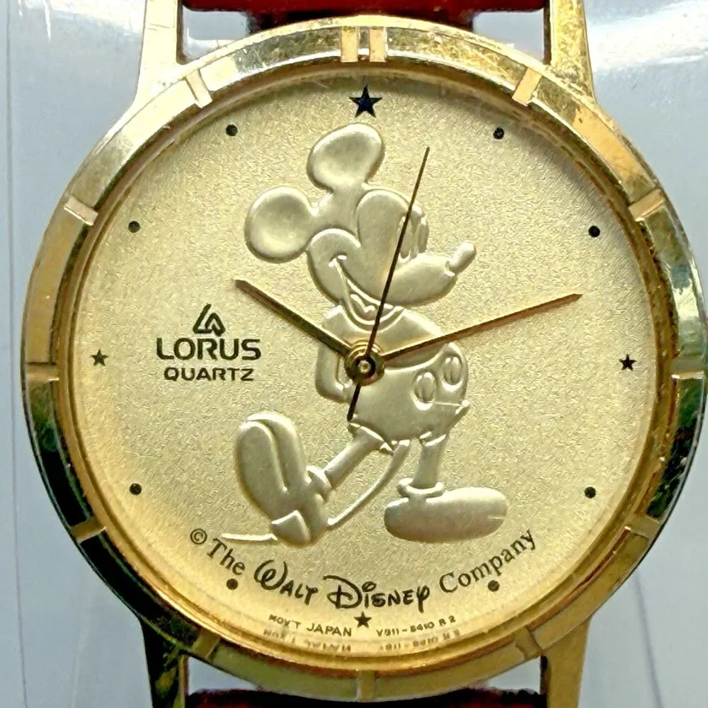 Vtg Lorus Seiko Mickey Mouse Quartz Watch V811-5410 Gold Tone Leather 30mm EUC